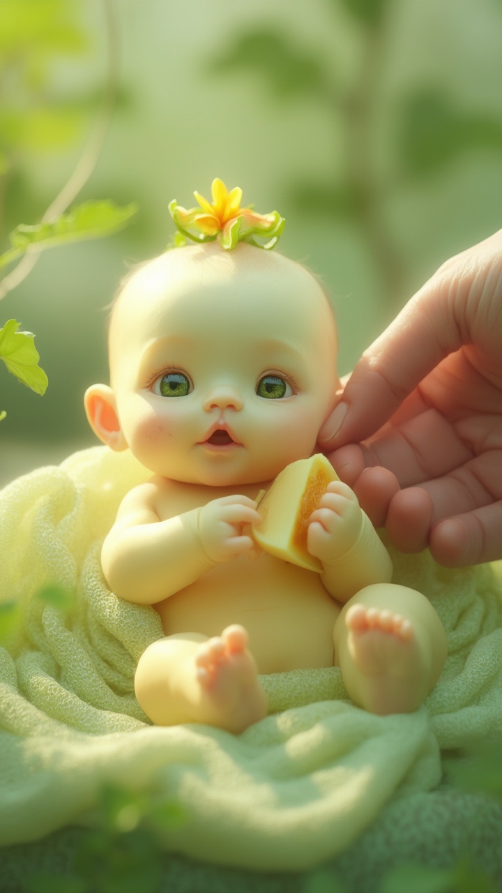 AI generated image by FLUX-Realism-Lora: Create a hyper realistic, ultra detailed, sharp focus image of an adorable newborn baby creature inspired by a melon. The baby has soft, smooth skin with a gentle gradient of pale green and creamy yellow hues, mimicking the look of a fresh melon rind. Its cheeks are plump and have a subtle, dewy sheen, with a delicate, natural blush. The baby’s eyes are large, round, and a sparkling light green, filled with innocence and sweetness. Its tiny hands and feet are chubby, with faint green undertones and delicate, rounded fingers and toes. Atop its head is a whimsical crown made from a small cluster of fresh green melon leaves and a tiny yellow melon blossom. The baby is wrapped in a soft, pale green, velvety blanket, and a realistic human hand is gently feeding it a small, juicy cube of melon. The lighting is soft and fresh, with gentle highlights that enhance the baby’s features. The background is a softly blurred garden scene with hints of melon vines and dappled sunlight. The camera angle is close-up, focusing on the baby’s face and the feeding moment. The mood is refreshing, sweet, and heartwarming, with photorealistic details and a magical, nurturing atmosphere."
}