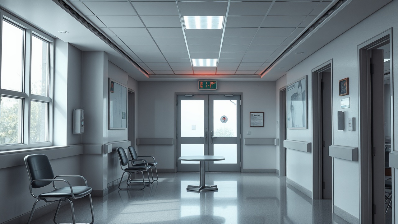 AI generated image by FLUX.1-schnell: ((Hospital Interior)) , ((best quality)),((masterpiece)),((realistic)), indoors,, chair, table, photorealistic, authentic, indoor scenery, highly detailed, ceiling light, window, glass, reflection, door, counter, corridor, sign,