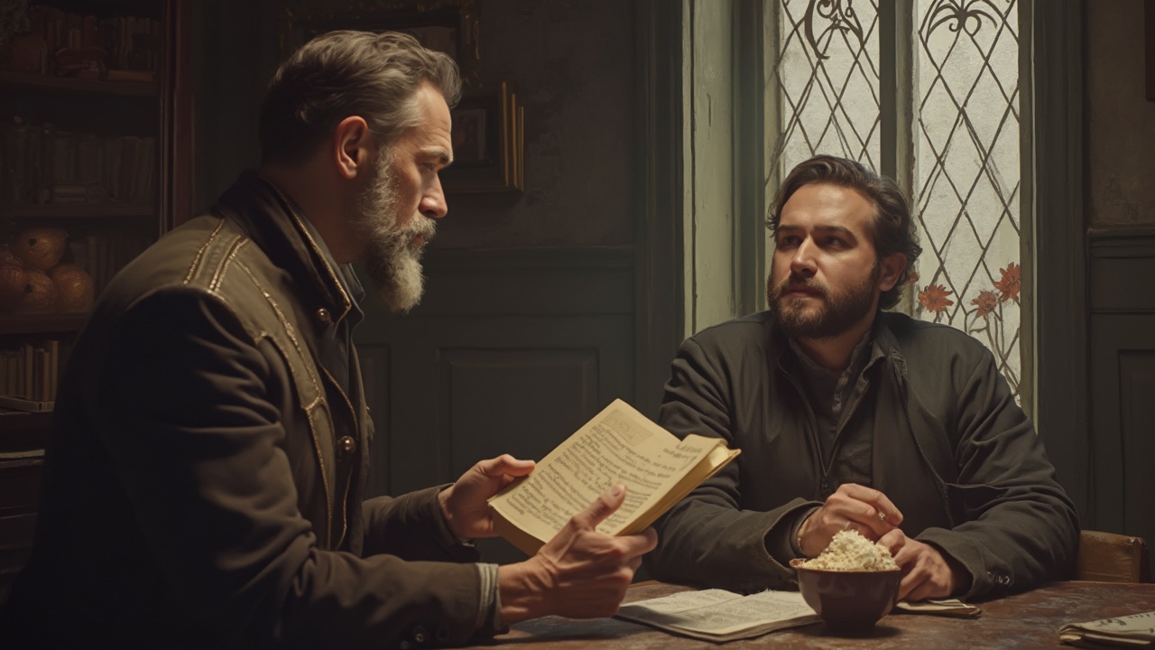 AI generated image by FLUX-Realism-Lora: alter mann ĂĽbergibt einem jungen Mann ein Buch