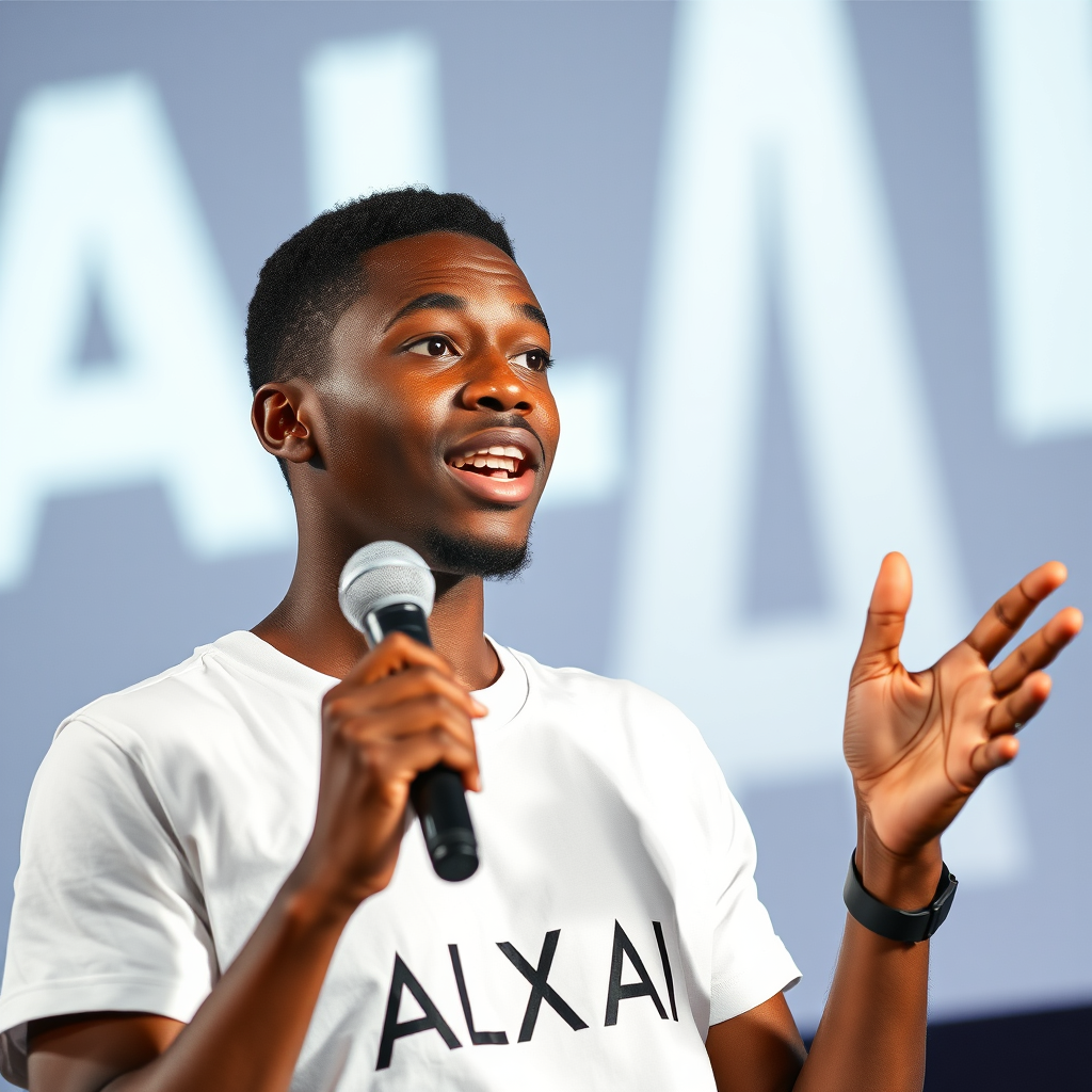AI generated image by FLUX.1-schnell: An up-close image of a young Cape Verdean person giving an animated talk about artificial intelligence. The person is dressed in a white t-shirt with the words ‘ALX AI’ clearly printed on it. They are holding a microphone in one hand, speaking expressively with a look of excitement and enthusiasm. The background features the text ‘ALX AI’ in large, bold letters, subtly blurred to keep the focus on the speaker. The scene is well-lit, highlighting the person’s dynamic gestures and the energy they bring to the topic of artificial intelligence. The overall scene is vibrant and dynamic, capturing the energy of a live website demonstration