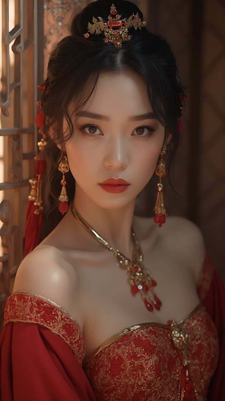 AI generated image by FLUX-Realism-Lora: alta calidad, Obra maestra, vista en alta resoluciĂłn, 4k, 8k, 16k, enfoque nĂtido, iluminaciĂłn cinematográfica,
Una mujer china de 40-45 años de belleza madura, felinos y enigmáticos, con un sutil aire mediterráneo. cuero blanco como la nieve, sin arrugas, inmaculados y suaves. Cara ovalada, Estructura ósea fina y elegante.
En la frente luce una Marca roja con forma de flor china de tres pĂ©talos, mĂstico sĂmbolo de poder y linaje antiguo.
cejas arqueadas naturalmente, • Barbilla , Definido sin excesos.
large, ojos almendrados en un cálido color miel, mirada seductora, dominante y profundo.
cabello oscuro, sedosas y ligeramente onduladas en las puntas, en una elegante media cola de caballo con broches dorados. banda de bronce con accesorio de influencia hindĂş.
Exquisite jewelry with rubies and salida:
— Gold necklace with shiny rubies on the chest
— Gold rings with rubies and salida on both hands
— Hair rings and ornamentation also with rubies
Long and elegant nails, pintado en rojo oscuro, refinado y femenino.
maquillaje seductor: labios rojos intensos, máscara y un tono suave que realza su mirada felina.
Hanfu Wuxia seductive red:
— Rojo intenso, transparente en las capas superiores
— Bordado fino y detallado de flores doradas de melocotón
— Tela de seda que fluye con el viento, que muestra elegancia y poder
Fondo de Wuxia: antiguo palacio entre montañas con neblina, faroles encendidos, PĂ©talos flotando en el aire. El viento mueve el cabello y las telas. atmĂłsfera dramática, mĂstico y cinematográfico.
(manos perfectas:1.3), (dedos detallados:1.2), (uñas largas perfectas:1.3), (AnatĂłmicamente correcto:1.0), (expresiĂłn facial intensa:1.3), (Rasgos felinos:1.3), (ojos color miel:1.3), (Marca roja :1.3), (piel inmaculada:1.3), ( JoyerĂa Detallada :1.4), (RubĂes Brillantes :1.3), (salida:1.2), (Hanfu detallado:1.4), (cinemático:1.3), (madurez elegante:1.3)