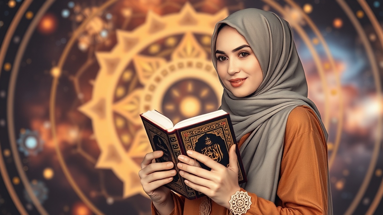 AI generated image by FLUX.1-schnell: a beautiful woman wearing a hijab holding the Koran against the background of the Islamic version of the solar system