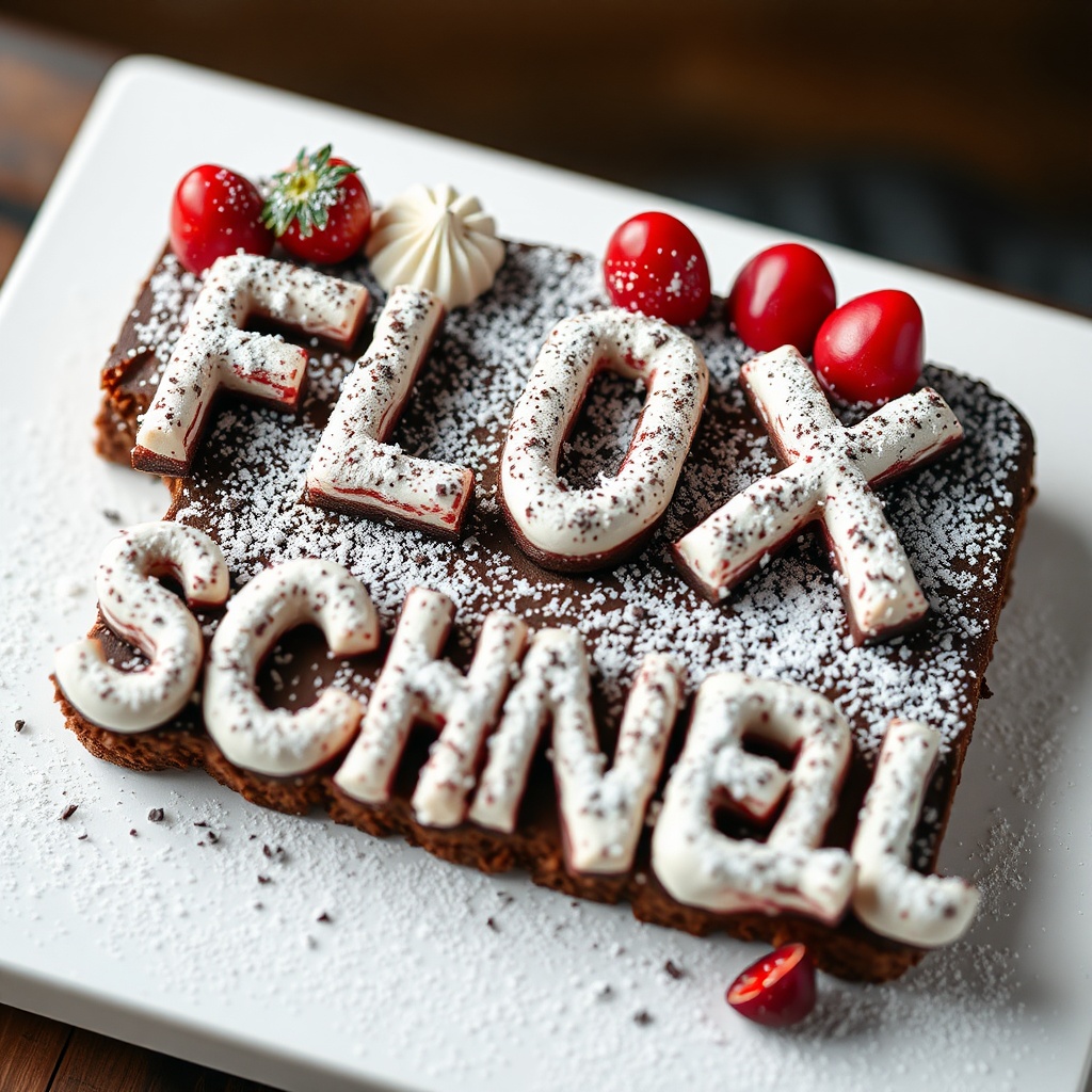 AI generated image by FLUX.1-schnell: black forest gateau cake spelling out the words "FLUX SCHNELL", tasty, food photography, dynamic shot