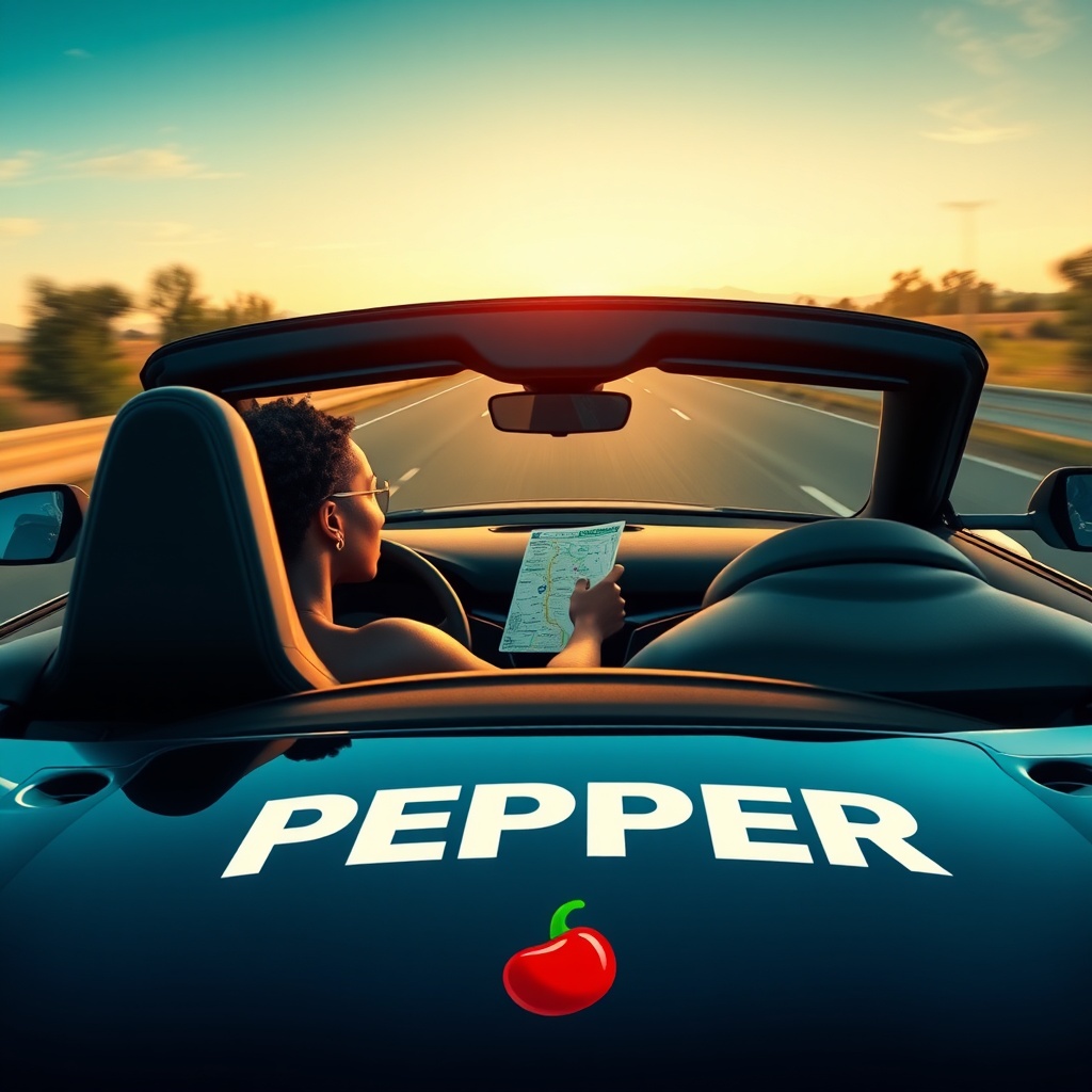 AI generated image by FLUX.1-schnell: A black female driver in an electric sportscar with the word "PEPPER" emblazoned on the car and a pepper logo, driving down the highway fast while she is looking at a roadmap. The image should be in the style of a movie poster