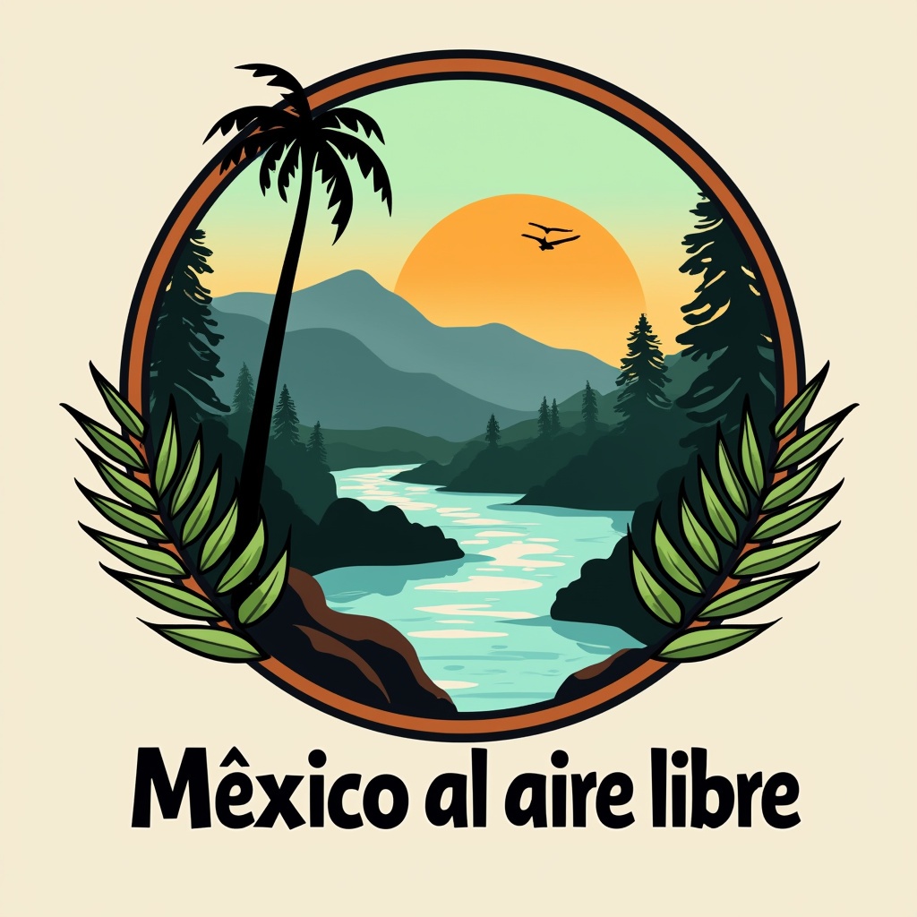 AI generated image by FLUX.1-pro: Generate a logo with a strong central image that reflects outdoor adventures in méxico that will be used in a travel and tourism agency include "México al aire libre" as a text