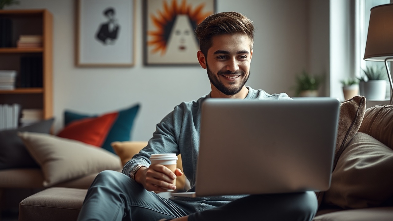 AI generated image by FLUX.1-schnell: A single young man sitting in a cozy room, working in front of a laptop. Inside the laptop area, there is a coffee cup placed beside it. The room is inspried that creates an inspiring and motivational vibe. The man has a slight, confident smile on his face, wearing modern, casual clothes and a stylish wristwatch.work energy, quiet focus, and startup hustle. Calibrate the victory of joy "