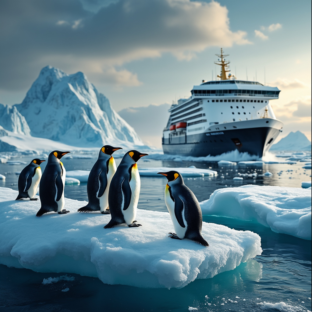 AI generated image by FLUX.1-pro: Arctic photorealistic photo. Ice, penguins on it, a huge ship sailing on the background. Writing on top: "Welcome to Arctica!"