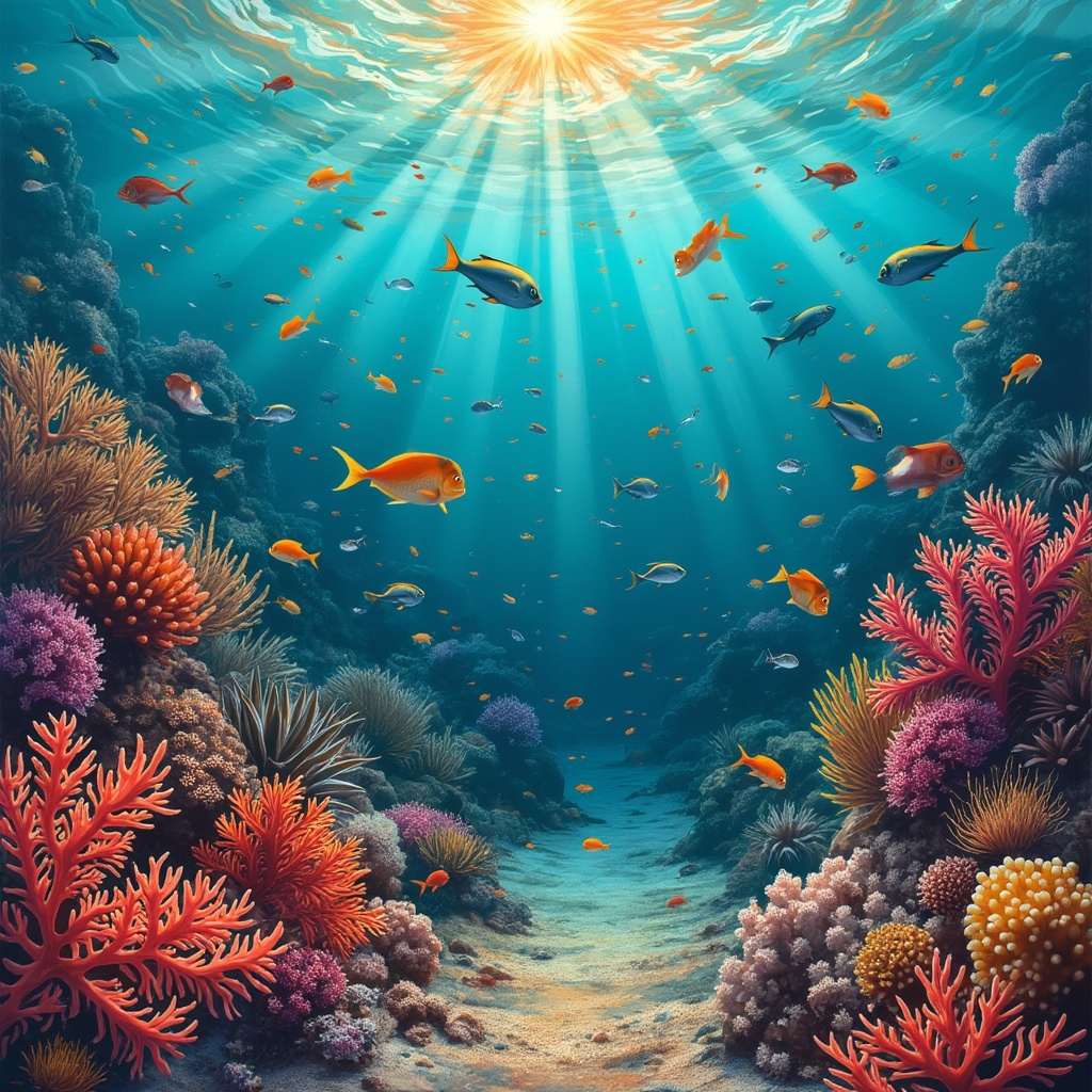 AI generated image by FLUX.1-pro: fondo del mar caribeño con estrella de mar, corales y peces.