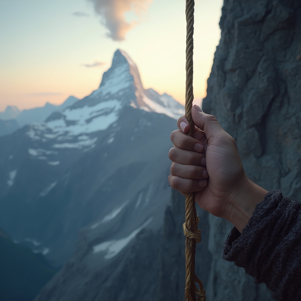AI generated image by FLUX-Realism-Lora: Crea una imagen sumamente realista desde la el punto de vista de una persona de mediana edad (cámara subjetiva)
que se encuentra en la cima de una montaña mostrando únicamente su mano sosteniendo con firmeza un bastón de escalada, con un nivel de detalle que revele la textura del material y la forma de sus dedos al aferrarlo. Al fondo, se extiende un impresionante montaña y un cielo al atardecer adornado con unas cuantas nubes tenues. La atmósfera transmite una intensa sensación de aventura y exploración, cevoca el momento de logro y asombro al contemplar la majestuosidad del entorno desde lo más alto.