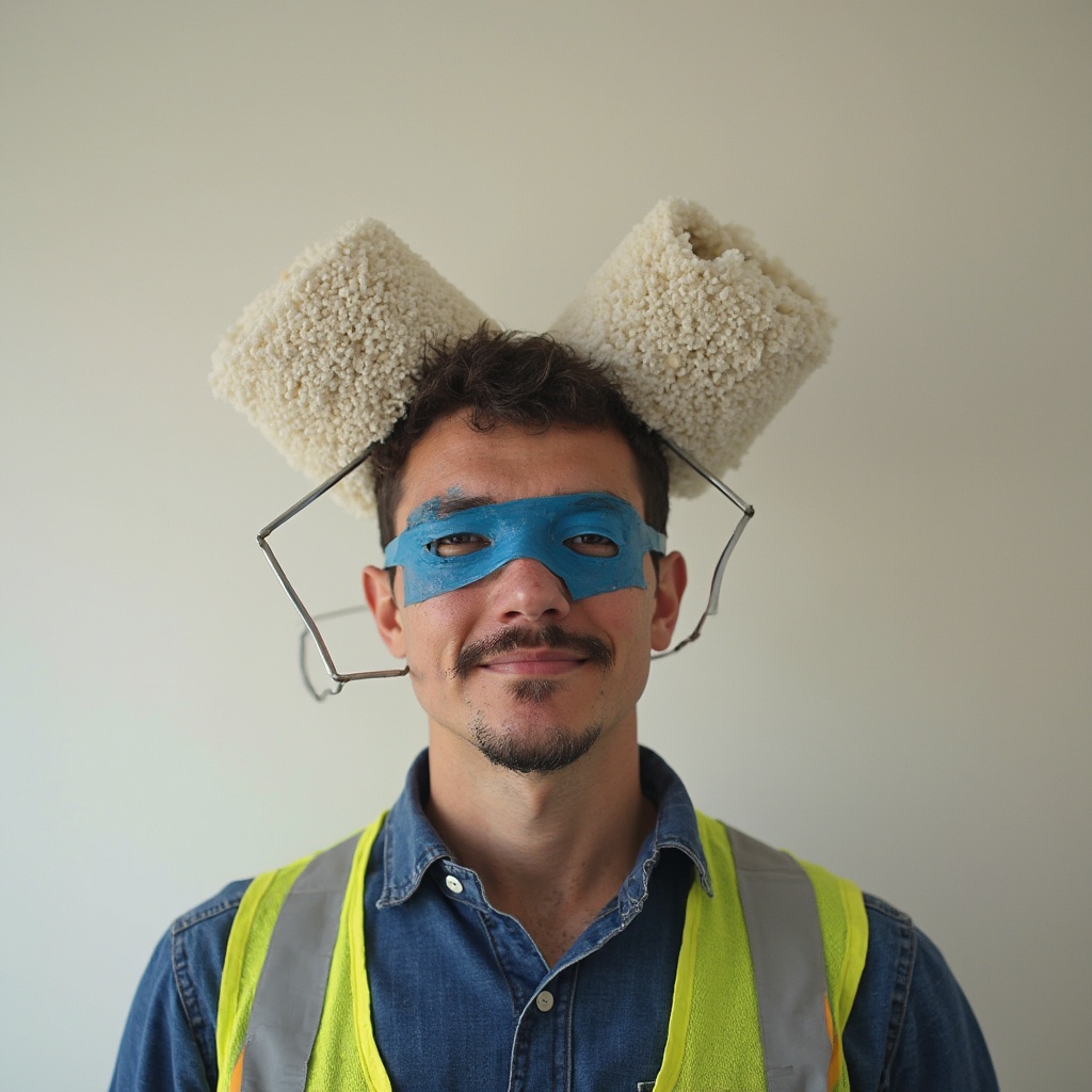 AI generated image by FLUX-Realism-Lora: Worker playing with roller for painting walls. He mounted two of them onto his head using tape. This has become like a head of animal. Likely, this result was his intent 'cause he's having fun.