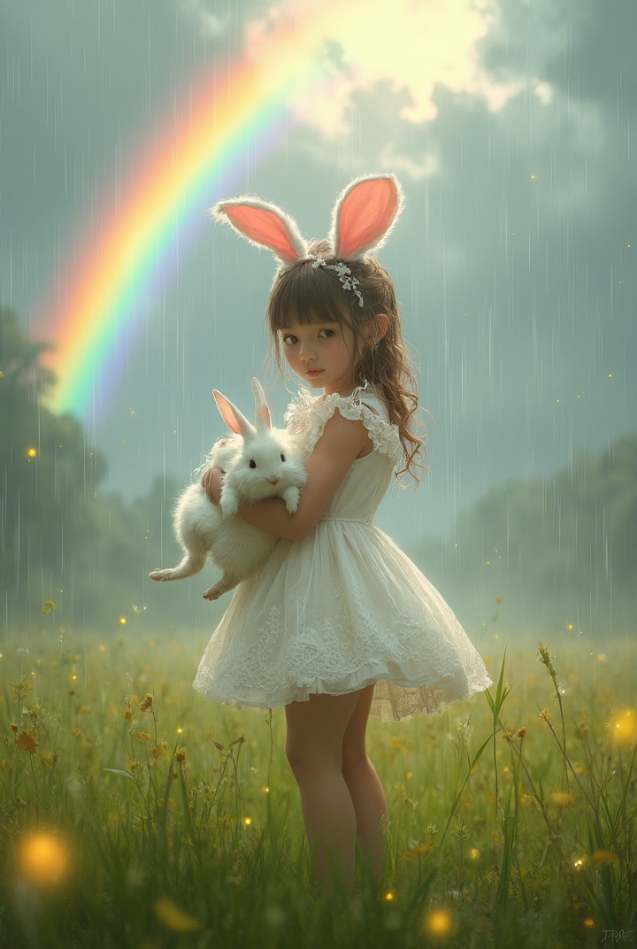 AI generated image by FLUX-Realism-Lora: A hyper-realistic scene of a young girl with pastel pink bunny ears, wearing a short, intricately detailed Victorian-style white dress, holding a fluffy white rabbit with soft, realistic fur. She plays in gentle November rain, her hair damp and clinging naturally to her face. Raindrops bead on her dress, shimmering like tiny diamonds. The lush green meadow around her is rendered with vivid detail, each blade of grass glistening with water. Behind her, a vibrant, photo-realistic rainbow arcs across a cloudy gray-blue sky, with rays of sunlight breaking through, creating a soft, ethereal glow. Fireflies hover delicately in the misty air, their light reflecting off the scattered autumn leaves and puddles. The entire scene exudes an ultra-realistic, magical fantasy vibe.