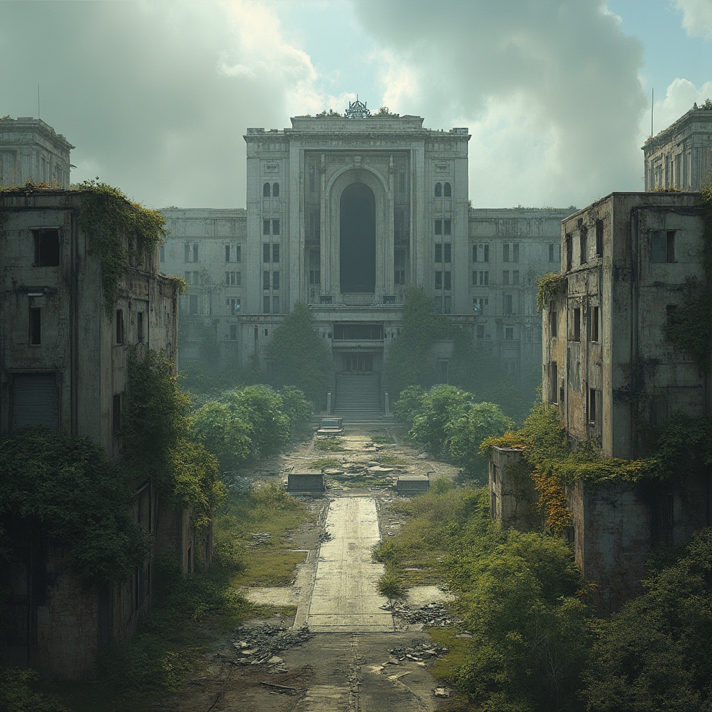 AI generated image by FLUX-Realism-Lora: Crea una imagen altamente detallada de una universidad en un mundo postapocalíptico. La escena debe mostrar un campus devastado, con edificios en ruinas, enredaderas y vegetación creciendo sobre estructuras antiguas. En el centro, destaca un imponente edificio con grandes ventanales, algunos rotos o cubiertos de polvo, reflejando la decadencia del mundo exterior. El cielo debe tener tonos sombríos, con nubes densas y quizás una luz tenue filtrándose entre ellas, evocando una sensación de melancolía y abandono. El entorno puede incluir autos oxidados, libros esparcidos, y señales de que alguna vez fue un lugar vibrante de conocimiento, ahora sumido en el olvido. Añade detalles como grietas en las paredes, grafitis en los pasillos y restos de mobiliario dispersos. El estilo debe ser realista, con una paleta de colores apagados y texturas detalladas que resalten el estado de deterioro de la universidad.