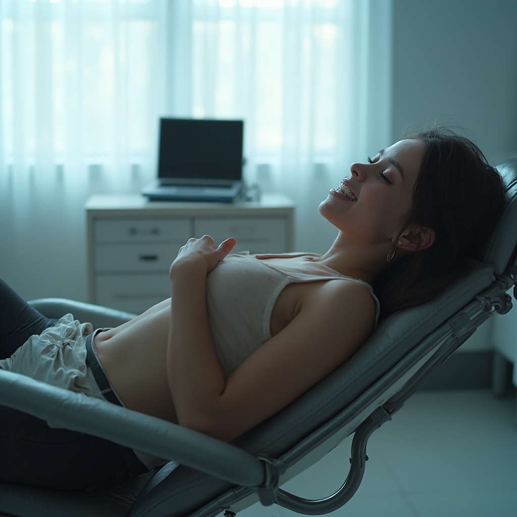AI generated image by FLUX-Realism-Lora: photograph of a young woman with freckles and braces lying on her back in a doctor’s office, wearing black leggings, pale blue light filtering through a white window, metal examination chair, a tablet on the side, crisp textures, realistic lighting, 4K detail