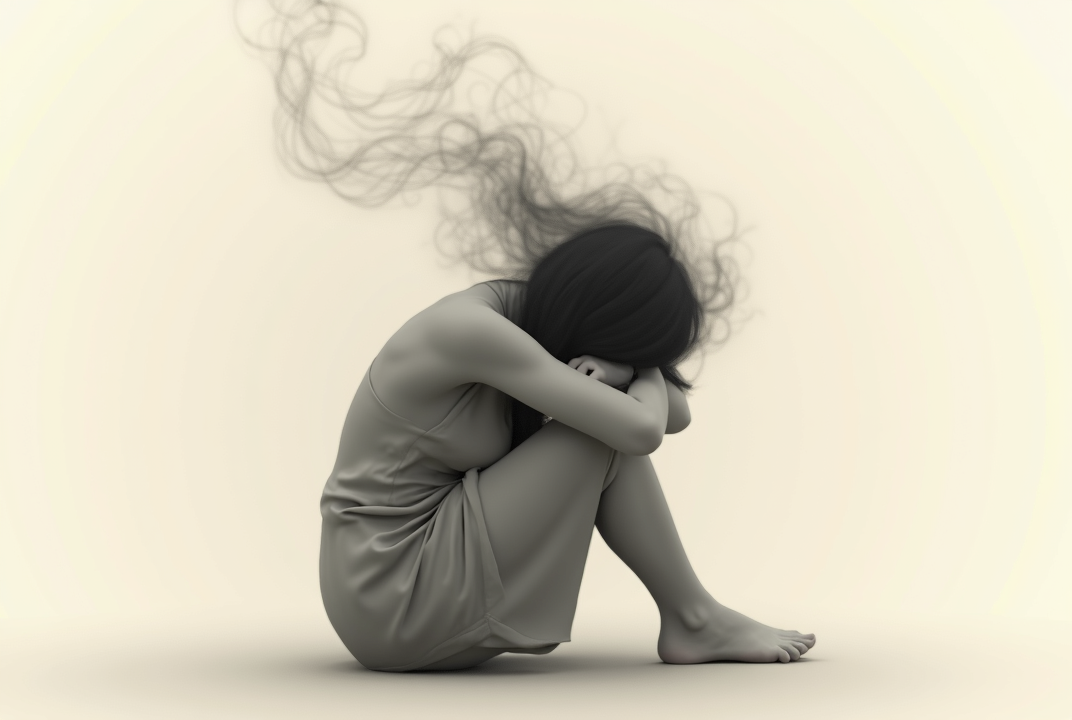 AI generated image by FLUX.1:
> Landscape orientation, 3:2 aspect ratio. A fully clothed, faceless female figure seated on the ground in a curled, tense posture, arms wrapped around her legs and head gently bowed. She wears a simple, loose-fitting dress or minimal soft clothing that clearly indicates she is clothed while preserving a gentle silhouette. From her hair, extend thick strands that dissolve into soft smoke, tangled organic lines, or light swirling textures — flowing upward and outward. Around her body, include mild shadows or flowing light textures that radiate outward, symbolizing internal emotional discomfort. The entire composition should feel organic and cohesive — avoid floating or disconnected elements. Use a light background with warm neutral tones or soft gray gradients. The figure should be in a deep gray or soft earthy tone, with gentle shading — do not use full black. Leave negative space to one side for text placement. No nudity. Symbolic emotional language only.