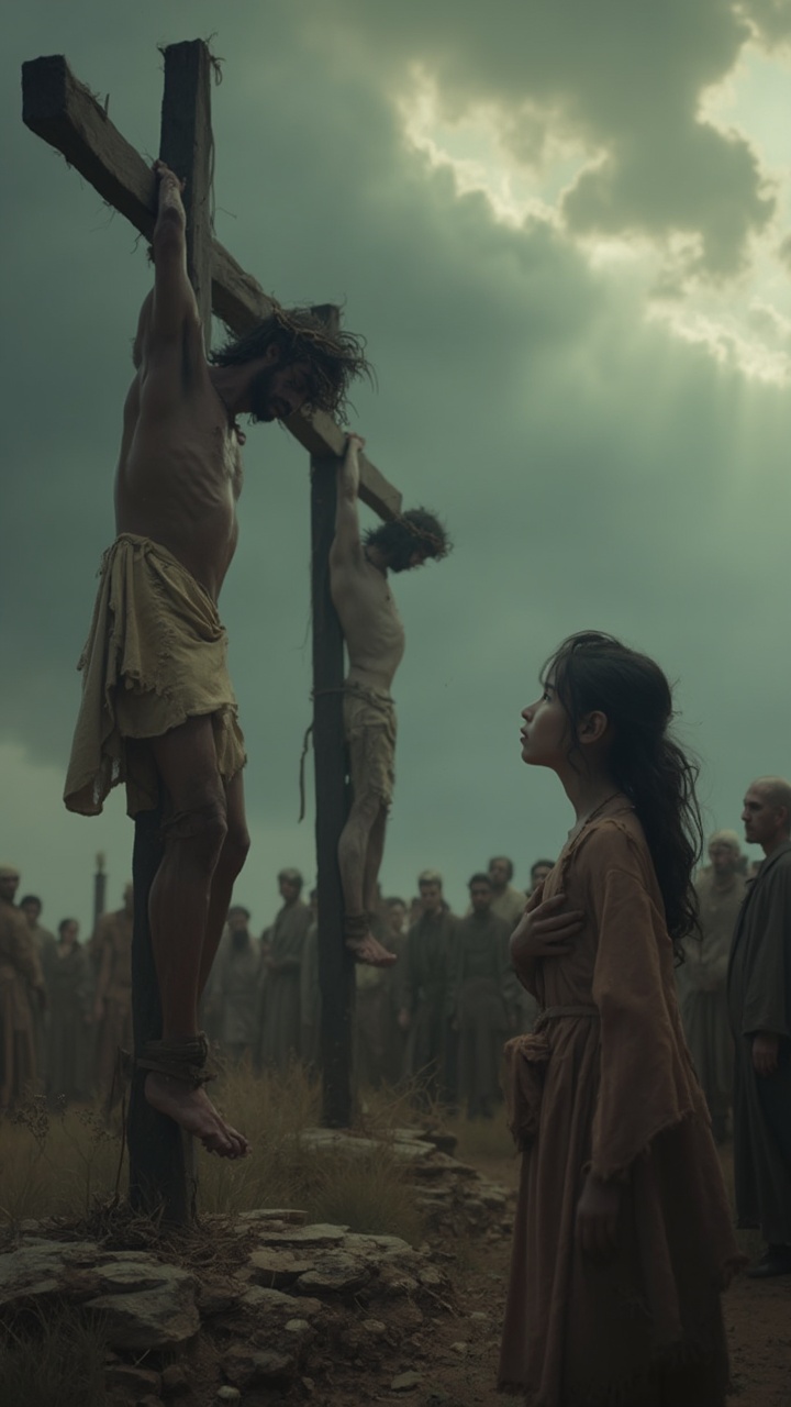 AI generated image by FLUX-Realism-Lora: A somber, atmospheric scene set against a stormy sky, depicting the crucifixion of Jesus in a hyper-realistic, cinematic style. Jesus, one of the two men on the crosses, appears visibly pained and sorrowful, with precise details capturing the agony in his face and body. His figure is thin and frail, marked by wounds on his hands, feet, and side, and he is dressed in a simple cloth wrapped around his waist. The muscles of his body are tense, his head slightly lowered, with a crown of thorns resting upon his brow, adding an unmistakable layer of suffering. The scene is viewed from a low-angle close-up shot, emphasizing the scale of the crosses and the heaviness of the moment, shot in ultra-high-definition, with IMAX-quality detail and extreme photorealism.
In the foreground stands a young girl, about 12 years old, replacing the woman from the original image. She gazes up at Jesus with an expression of deep sorrow and loss, her eyes welling up with emotion as she clutches her hand over her heart, evoking a raw, innocent grief. Her face is framed by loose dark hair, and she wears a simple, flowing robe in muted earth tones, blending seamlessly with the desolate landscape. The camera gradually zooms in on her face, capturing the depth of her sadness, as dark clouds churn in the sky above, casting dramatic shadows across the scene. In the background, a small crowd of somber onlookers, clad in period-appropriate robes, watches silently, adding to the gravity of the event. The lighting is muted, with shafts of diffused sunlight breaking through the clouds, illuminating Jesus and casting the girl in soft, tragic radiance. The entire shot is ultra-smooth, with cinematic crispness, hyper-detailed, and award-winning cinematography techniques, evoking a deep, emotional response.
