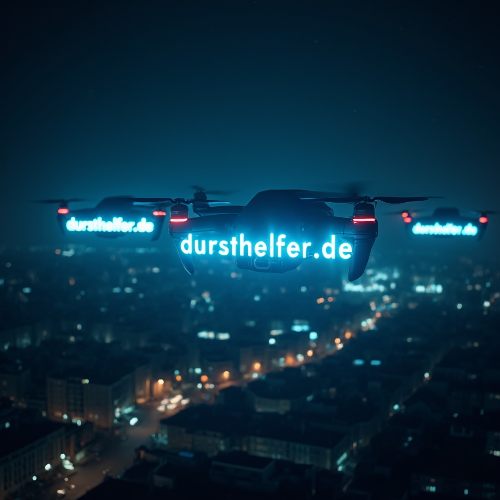 AI generated image by FLUX-Realism-Lora: A nighttime scene showing drones flying over a cityscape, carrying glowing signs that display the text 'dursthelfer.de' in a bright, vibrant light. The drones emit soft, radiant blue lights, illuminating the text and creating a futuristic atmosphere. The city below is slightly visible, with subtle reflections of the drones' blue lights on buildings and streets. The sky is dark, with a few stars visible, enhancing the contrast between the drones' lights and the night. The overall mood is sleek and modern, conveying a high-tech and energetic vibe.