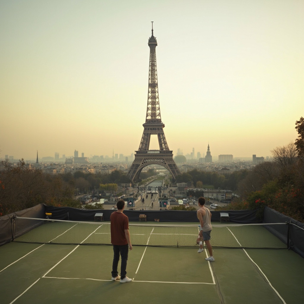 AI generated image by FLUX-Realism-Lora: Exactly 2 men (no one else there) playing tennis.
Location: A large, private rooftop terrace or a temporary platform built on the Champ de Mars (the lawn beneath the Eiffel Tower) in Paris, France.
The View: The court would be framed by the timeless architecture of the city, with the Eiffel Tower looming majestically over the net. Imagine playing a match as the sun sets and the Tower begins to sparkle.