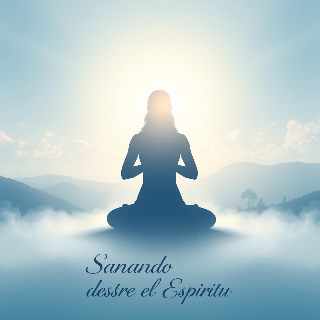 AI generated image by FLUX.1-schnell: con un diseño espiritual y relajante. El fondo tiene un degradado suave en tonos azul y blanco, evocando calma y serenidad. En el centro, una luz dorada resplandece suavemente, creando un ambiente divino. Se puede ver la silueta de una persona en meditación u oración, fusionándose sutilmente con el fondo. A su alrededor, hay elementos naturales como nubes delicadas, rayos de luz y un paisaje sutil con árboles o montañas en la distancia. La tipografía es elegante y armoniosa, con el texto 'Sanando desde el Espíritu' en un tono dorado refinado y un subtítulo opcional 'Oraciones y reflexiones para el alma' en una fuente blanca suave