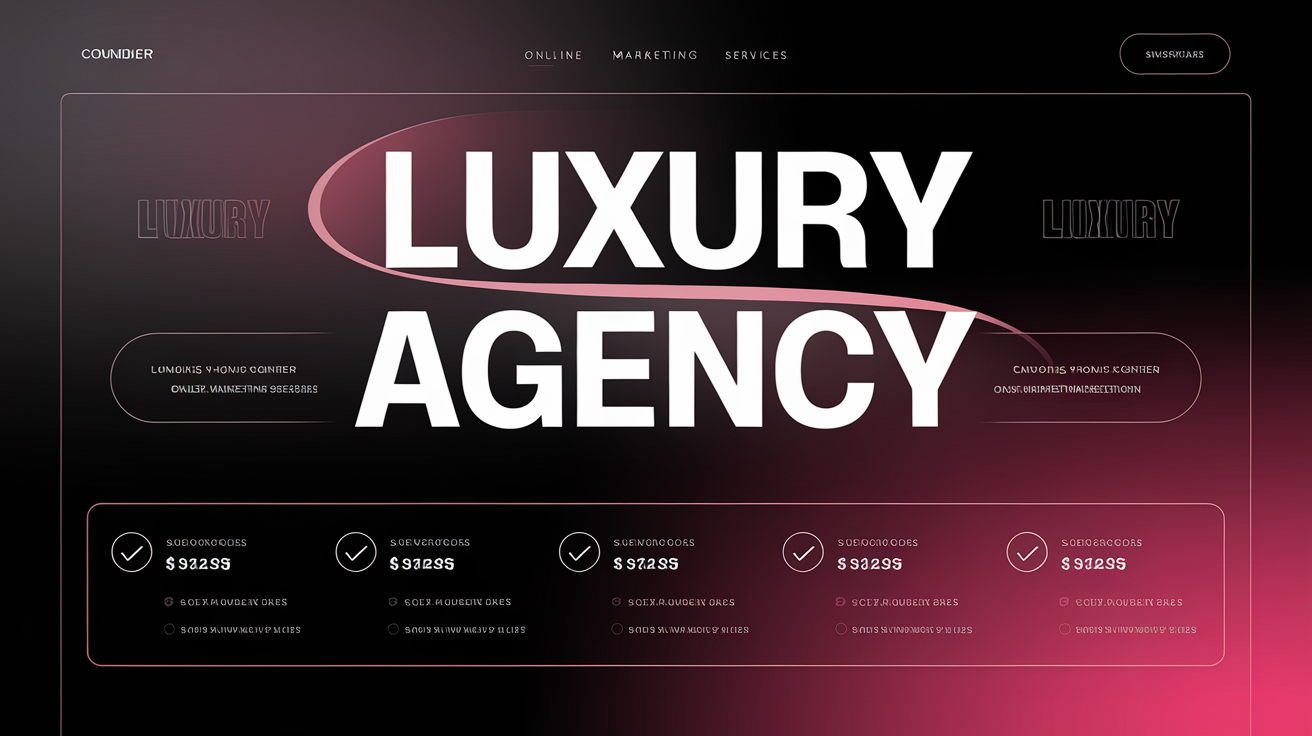 AI generated image by ideogram 2.0: Professional luxury agency-style web template design.
- Background: Gradientblack to dark pink.
- IMPORTANT!: Text content inside white containers.
- Long list Price compare table with three subscription plans using checkmarks and cross icons.
- Clear layout showing categories of online marketing services.