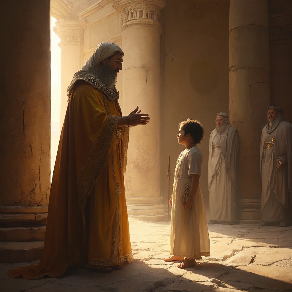AI generated image by FLUX-Realism-Lora: Create an image depicting the pivotal moment when the priest Jehoiada reveals the young Joash as the legitimate heir to the throne of Judah. Set the scene within the sacred chambers of the temple, with Jehoiada standing solemnly, dressed in traditional biblical priestly attire.
The conspiracy was planned with extreme care. Jehoiada and his allies established a plan to crown Joash and restore the Davidic dynasty in Judah. In an act of open defiance, Jehoiada ordered the Levites and soldiers to guard the temple gates to protect the young king and prevent any infiltration by Athaliah's followers.