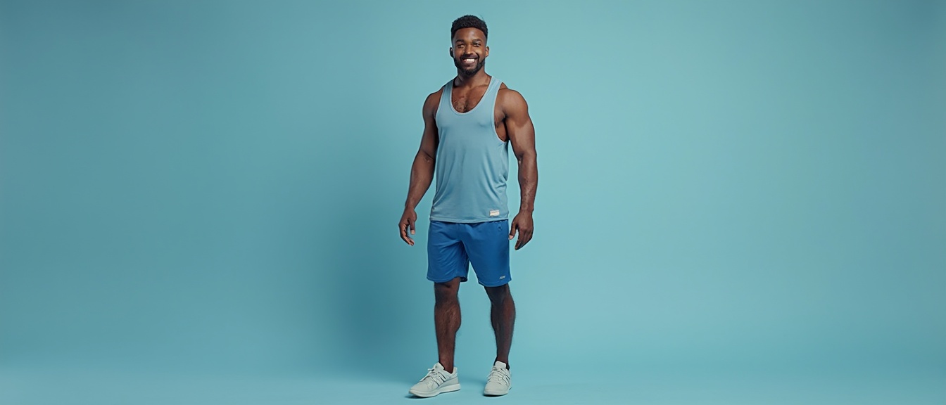 AI generated image by FLUX-Realism-Lora: Foto realista de cuerpo completo de un joven hombre de 30 años apuesto con el pelo de color negro peinado moderno ojos azules y barba bien cuidada lleva puesto una camisa mangas cortas azul claro y un shorts azul oscuro con un par de zapatillas deportivas de marcas.