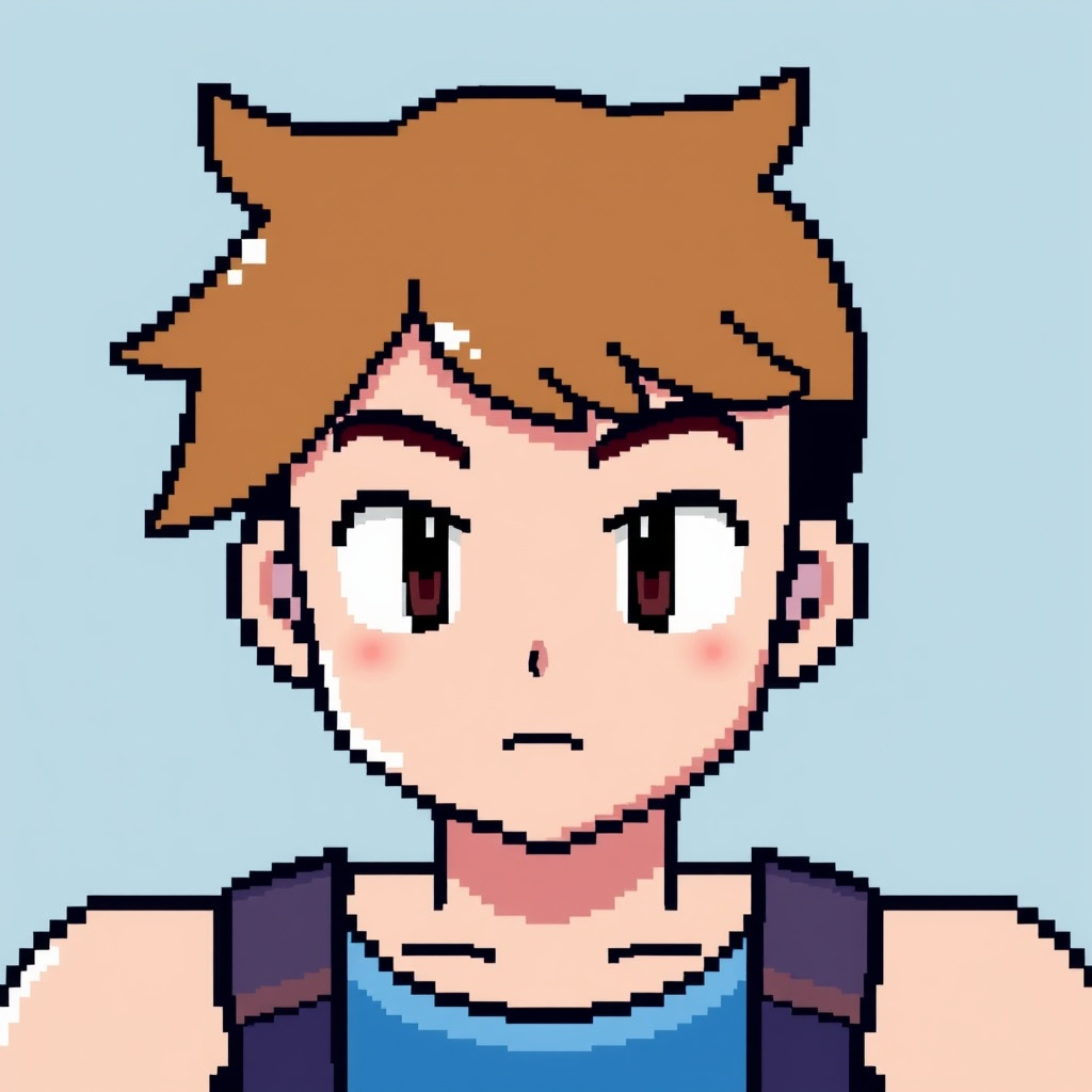 AI generated image by FLUX.1-schnell: A pixel art image of a man with light brown hair, a Pokémon trainer from the first generation games, with a simple background, in the style of the first generation Pokémon games.