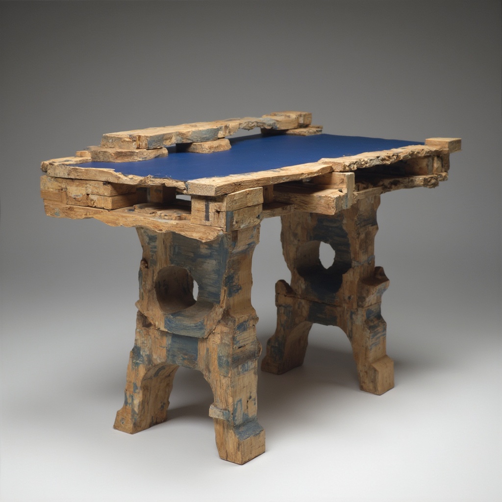 AI generated image by FLUX-Realism-Lora: crazy geometric sculpture made from a wooden tabletop with dark blue linoleum surface and anodized aluminum extrusions. its the eye catcher at a designer trade fair booth. Slight resemblance of a standing desk. professional photo