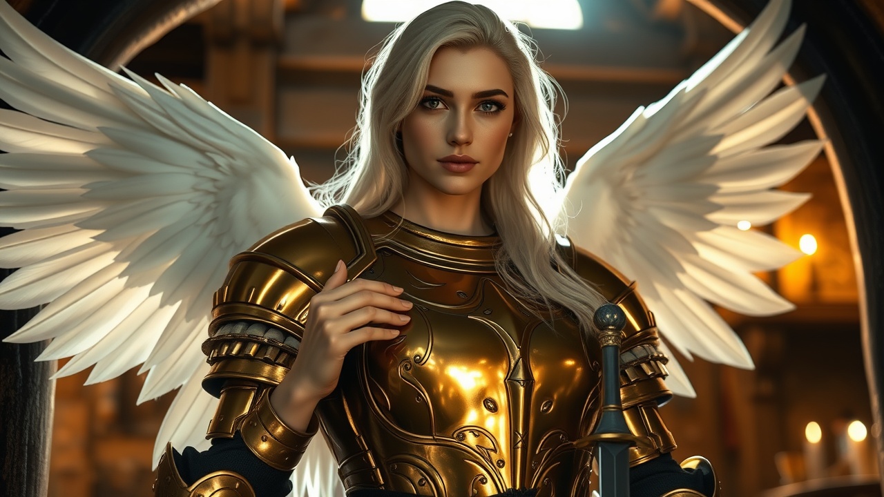 AI generated image by FLUX.1-schnell: Ultra-realistic fantasy character portrait of an angelic warrior woman in golden armor standing at the entrance of a medieval tavern. AAA RPG style, Canon R5 C, 85mm f/1.2 GM lens, aperture f/1.4. Cinematic Rembrandt lighting from upper left, 5500K neutral temperature with soft halo glow. Her polished gold cuirass fits tightly, reflecting flickers of torchlight, partially exposing her chest and waist. White feathered wings are folded behind, edge-lit by god rays through the door. Her hand rests elegantly on her sword hilt. Long platinum blonde hair moves gently. Camera angle: from low, 25° upward, focused on chest armor detail and reflective highlights on breastplate. Subtle subsurface scattering on cheeks and collarbones. Background blurred — tavern interior in warm brown tones. Mood: ethereal, powerful, quietly sensual.