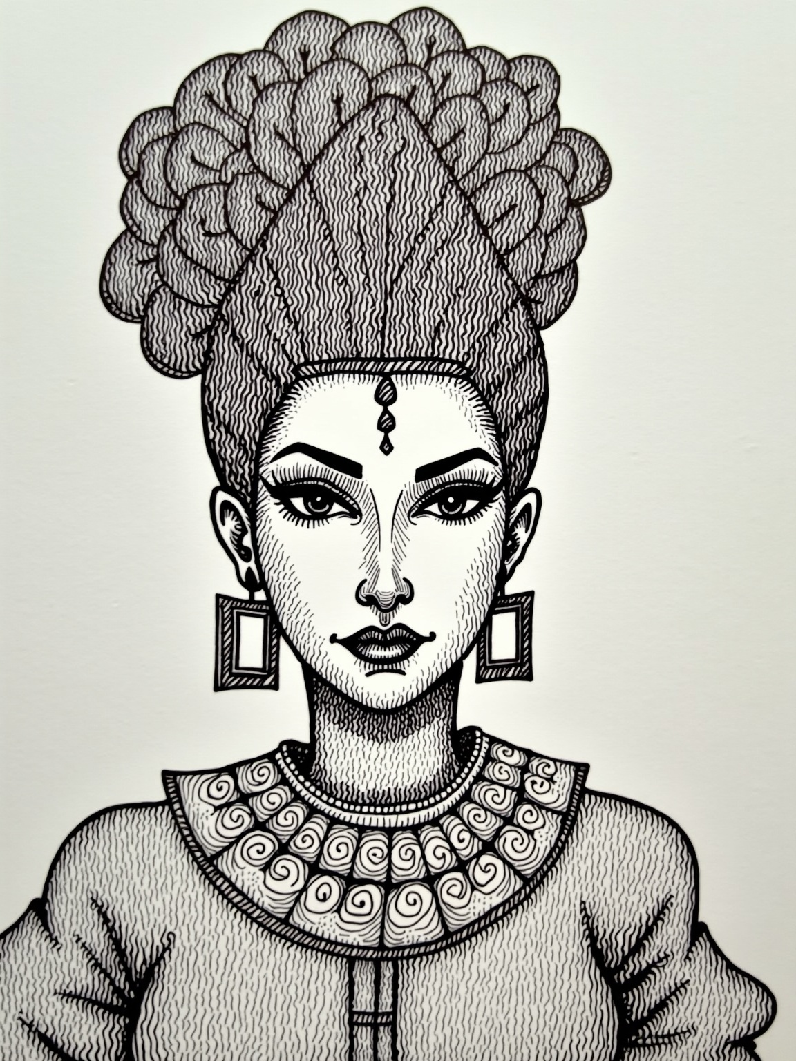 AI generated image by FLUX.1-image-to-image: a black-and-white ink sketch of a woman with striking facial features and an elaborate hairstyle. Her hair is styled in a voluminous, curly updo with detailed linework creating texture. She has arched eyebrows, expressive eyes, a defined nose, and full lips. Her face is adorned with a decorative headpiece featuring three small dangling elements at the forehead.
She wears large, square earrings and a thick, segmented necklace with intricate swirling designs on each piece. Her clothing appears textured, with cross-hatching and shading techniques adding depth to the drawing.
The sketch has an expressive and artistic style, with bold strokes and fine details creating a strong, regal presence. The subject conveys confidence and elegance, enhanced by the intricate accessories and stylized hair.