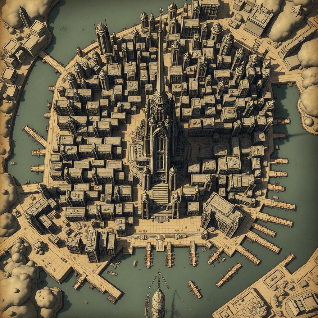 AI generated image by FLUX.1-schnell: TTRPG overhead map of sprawling city with multiple social and economic districts. There should be a large onyx tower in the center and a dock district on the right side. Similar to maps made by WOTC.