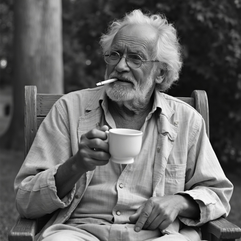 AI generated image by FLUX-Realism-Lora: Sri Nisargadatta Maharaj enjoying coffee and a cigarette in Colonial Williamsburg, VA.