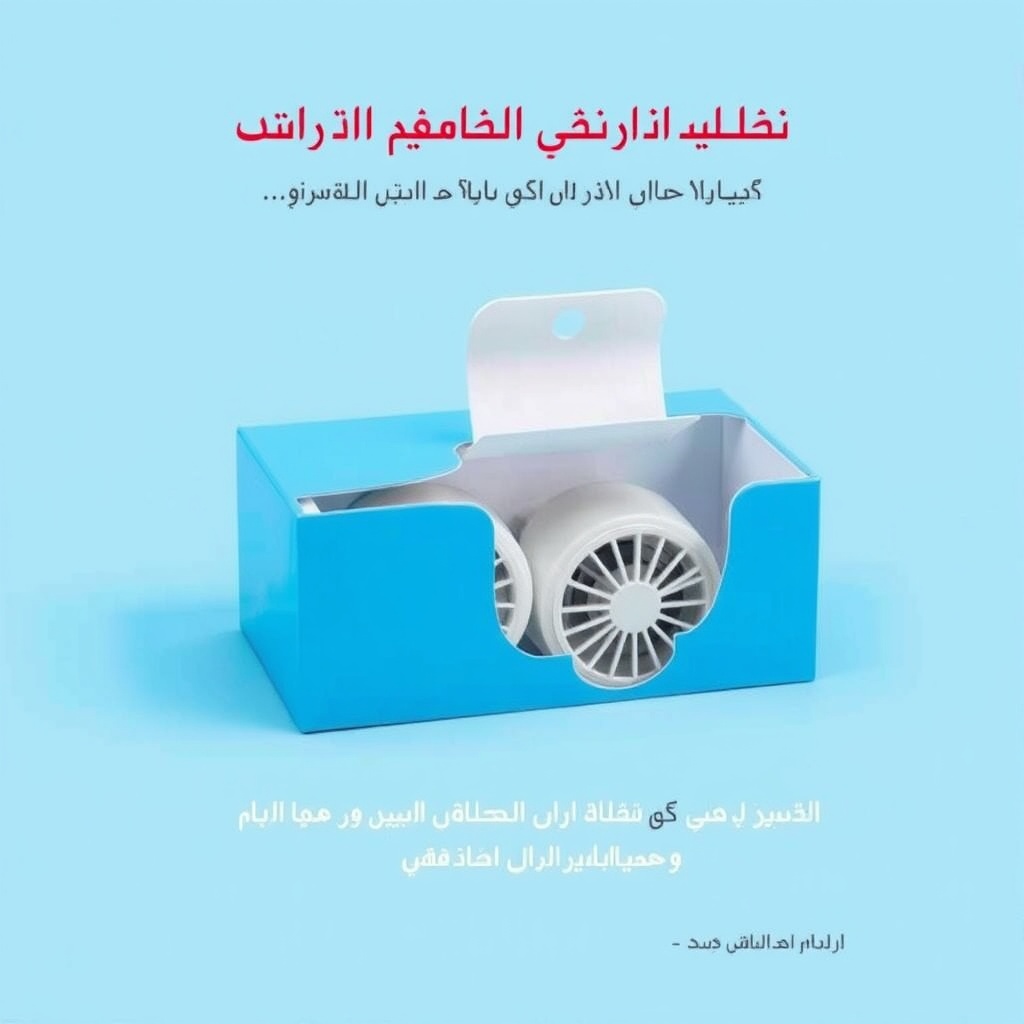 AI generated image by FLUX.1-schnell: A blue packaging box for a air conditioner, partially open to reveal two air conditioner inside. The background is a solid blue color, and there is Arabic text above and below the box indicating the purpose and dosage instructions for the medication