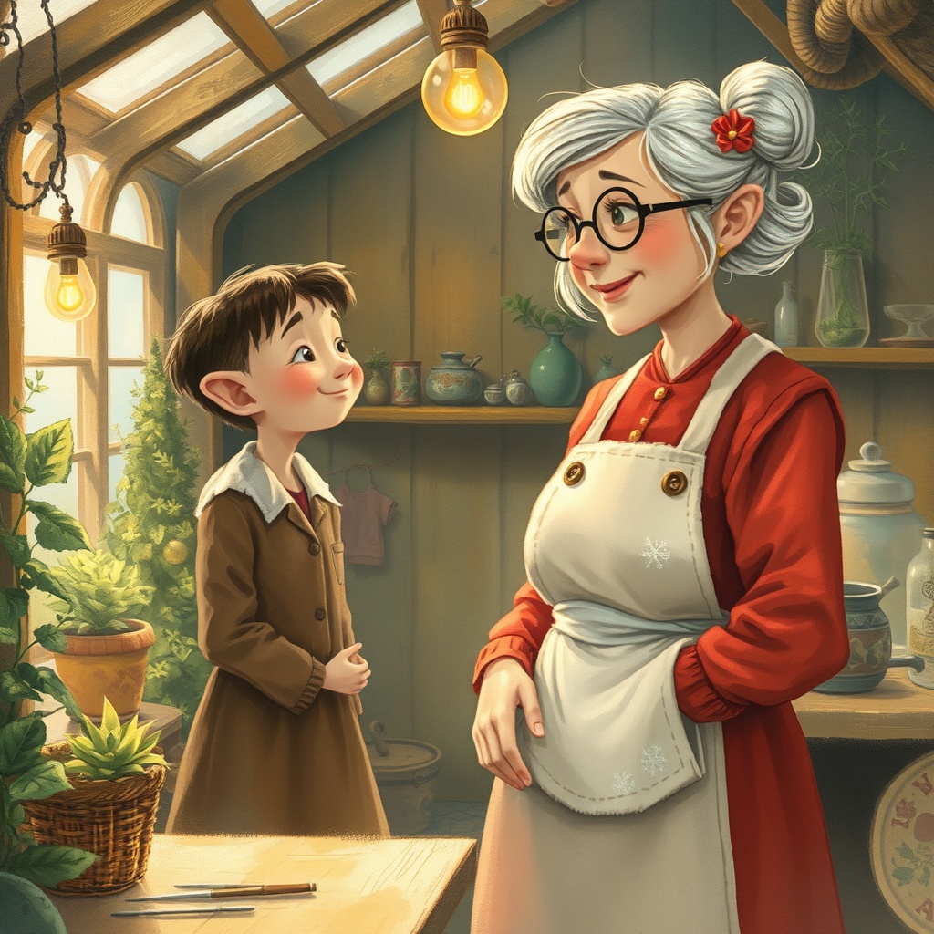 AI generated image by FLUX.1-schnell: Capture a heartwarming scene inside a magical greenhouse, rendered in a semi-realistic style with gouache/watercolor textures, drawing inspiration from Oliver Jeffers' softness, Chris Van Allsburg's magic, and Shaun Tan's depth. The composition should adhere strictly to established character proportions. The greenhouse interior showcases a rich tapestry of wooden textures and textiles, bathed in a diffuse, magical light that evokes a warm, golden atelier ambiance.
At the heart of the image, Mother Christmas (approximately 1.75m tall, with a round and welcoming silhouette) interacts with Flocon. She wears a classic red dress (#C1272D) complemented by a white apron embroidered with delicate snowflakes, her silver-white hair styled in an elegant bun secured with a red barrette. Her face is gentle, framed by round spectacles, and radiates a maternal smile; a subtly embroidered handkerchief peeks from her pocket.
Flocon, a young elf appearing to be in his early twenties (approximately 90cm tall), with slightly rosy skin, platinum blonde, tousled short hair revealing pointed ears, and large, expressive emerald green eyes, reaches out to touch the Velvet Cloud plant (#C8965D), a golden-brown, velvety substance growing on a central bush, exhibiting iridescent reflections. He is clad in a green tunic (#2D5016), a brown belt, striped green and white pants, and a slightly tilted green hat with a white pompom; pointed, upturned shoes with golden bells complete his attire. His signature accessory, a pencil, is tucked behind his ear.
The overall visual language should emphasize the richness of textures and the interplay of light and shadow, creating a sense of depth and wonder. Maintain visible details throughout the image. The final output is a square image with dimensions of 2000x2000 pixels, devoid of any textual elements.