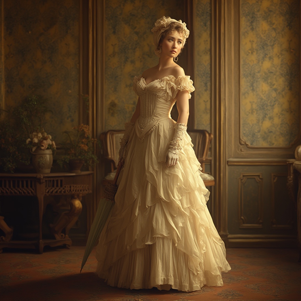 AI generated image by FLUX-Realism-Lora: “A Victorian woman in a crinoline dress with a bonnet and gloves, full-body ¾ angle, standing in front of ornate wallpapered parlor, holding a parasol, warm golden lighting, highly detailed fabric texture”