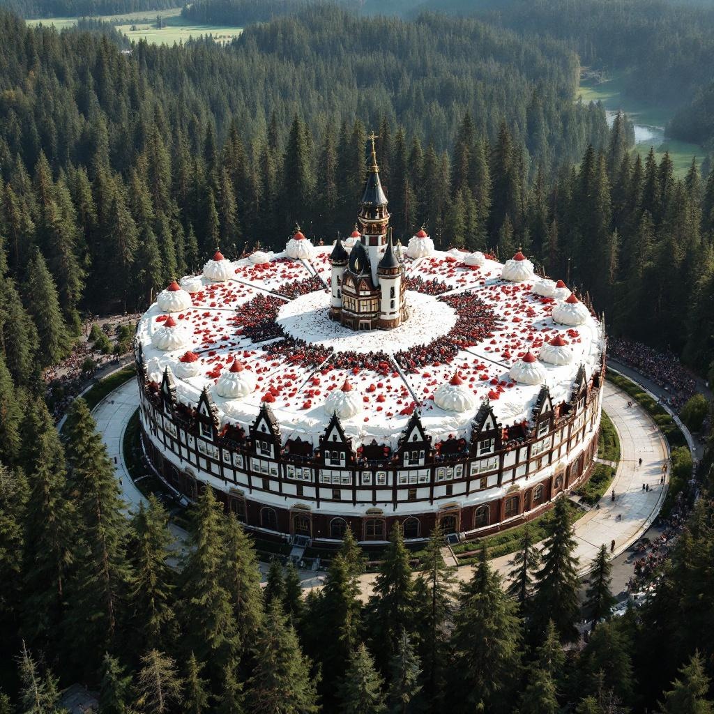 AI generated image by FLUX.1-pro: The world's largest black forest cake, the size of a building, surrounded by trees of the black forest