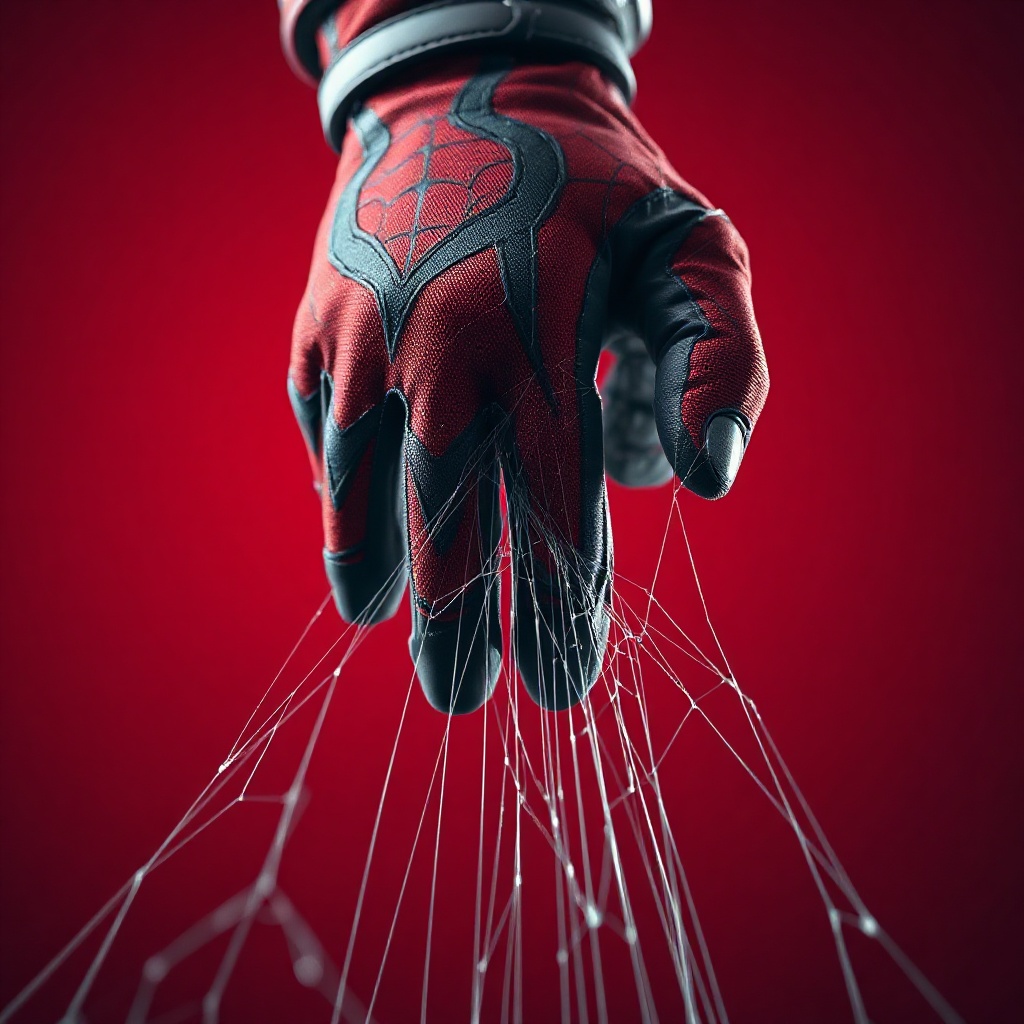 AI generated image by FLUX.1-schnell: A highly realistic cinematic close-up of a superhero's gloved hand emerging from the top center of the frame, pointing downward while shooting multiple thin, detailed spider-web strands toward the bottom of the image. The web strands flow naturally from the fingertips and extend from top to bottom, with intricate realistic silk fibers, subtle translucency, fine texture, and realistic tension. The glove has a sophisticated red-and-black superhero design with detailed fabric texture, subtle stitching, realistic folds, and dramatic highlights. Vertical 9:16 composition for Instagram Reels, hand positioned near the upper edge, leaving plenty of space below for the web strands. Deep vivid red background with a subtle gradient and cinematic atmosphere, soft volumetric lighting, realistic shadows, high contrast, sharp focus on the hand and webs, shallow depth of field, premium commercial photography, ultra-detailed, photorealistic, dynamic and elegant, 4K quality. No text, no logo, no watermark, no extra objects.