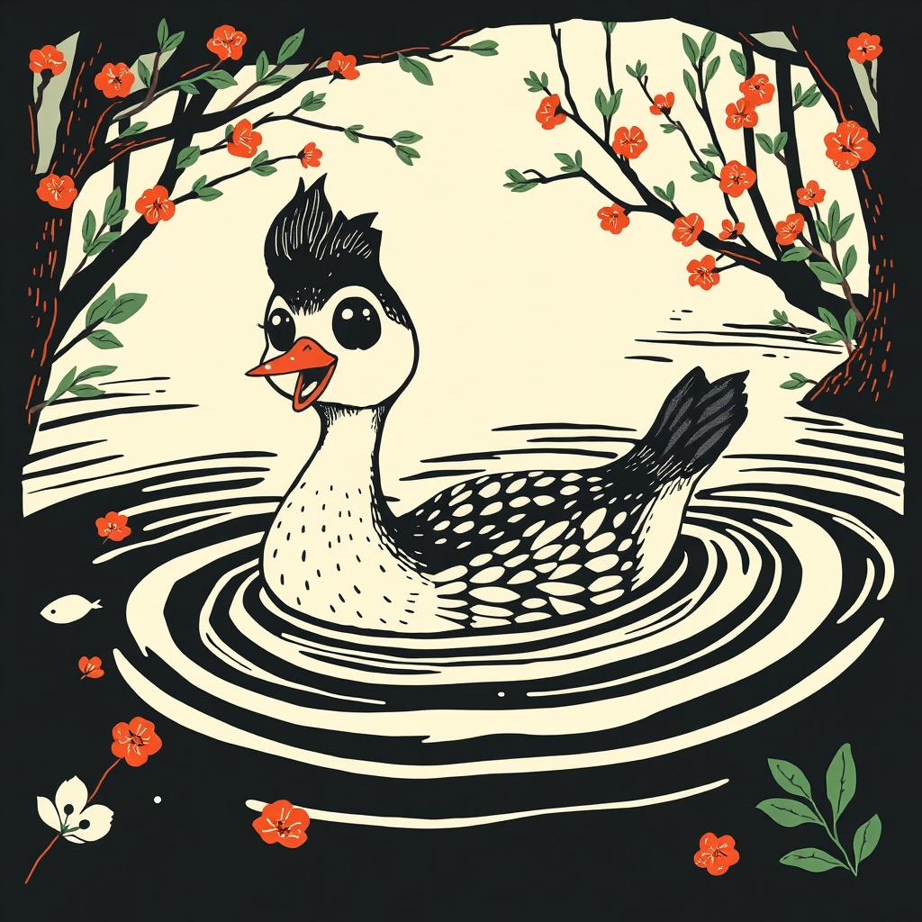 AI generated image by FLUX.1-schnell: Generate a whimsical big-eyed Smew joyfully swimming through a decorated river, woodblock print style.