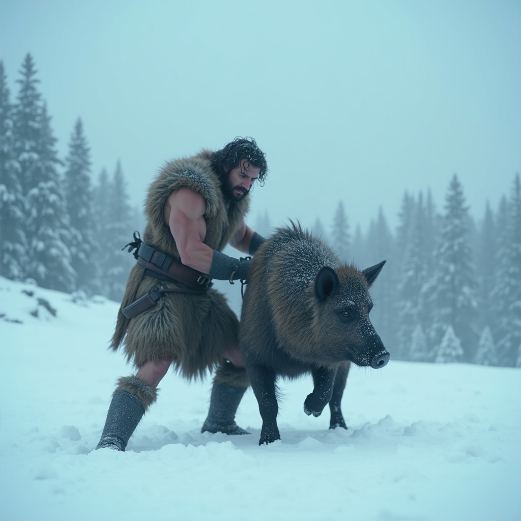 AI generated image by FLUX.1: Hercules ties up the boar in deep snow. Medium shot, snowstorm, cloudy day, cinematic style, realism.