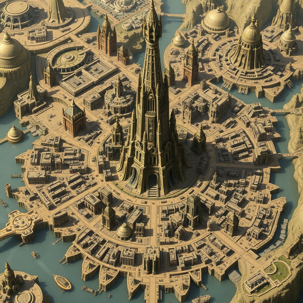 AI generated image by FLUX.1-schnell: TTRPG map of sprawling city with multiple social and economic districts. There should be a large onyx tower in the center. Similar to maps made by WOTC.