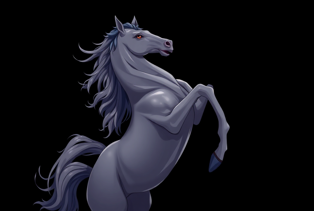 AI generated image by FLUX.1-schnell: Isolated black background A majestic gray anime horse rearing up against a dark, swirling background.