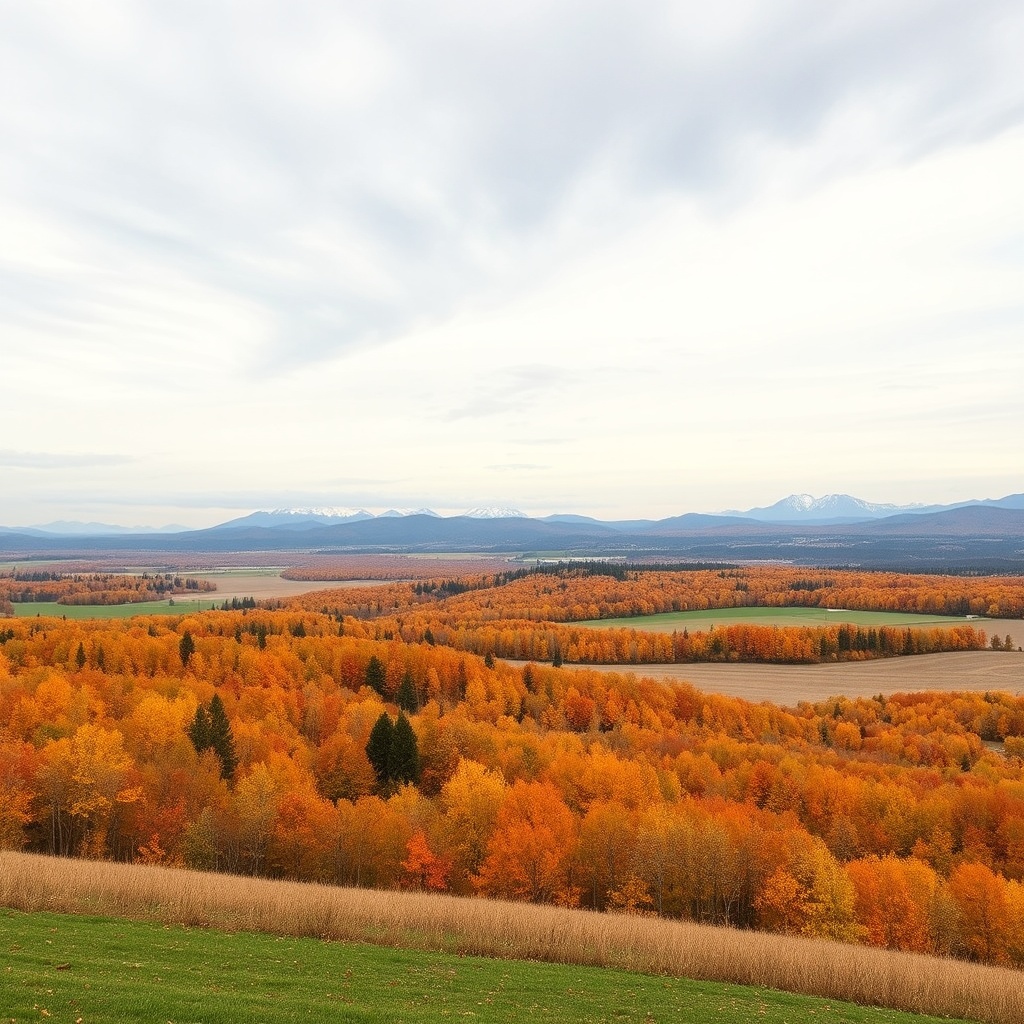 AI generated image by FLUX.1-schnell: A white sky overlooking autumn fields with mountains in the background