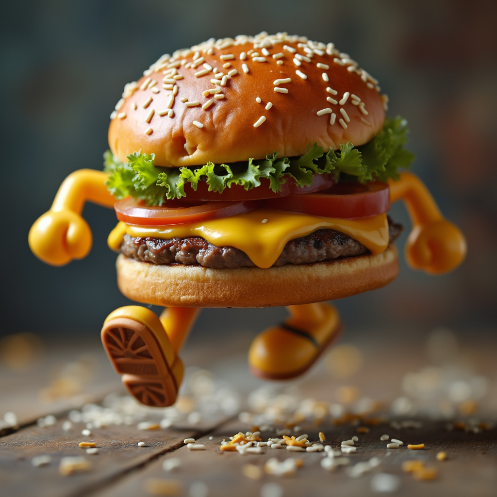 AI generated image by FLUX.1-pro: create an image of a burger who is running in fron of a hungry fat kid