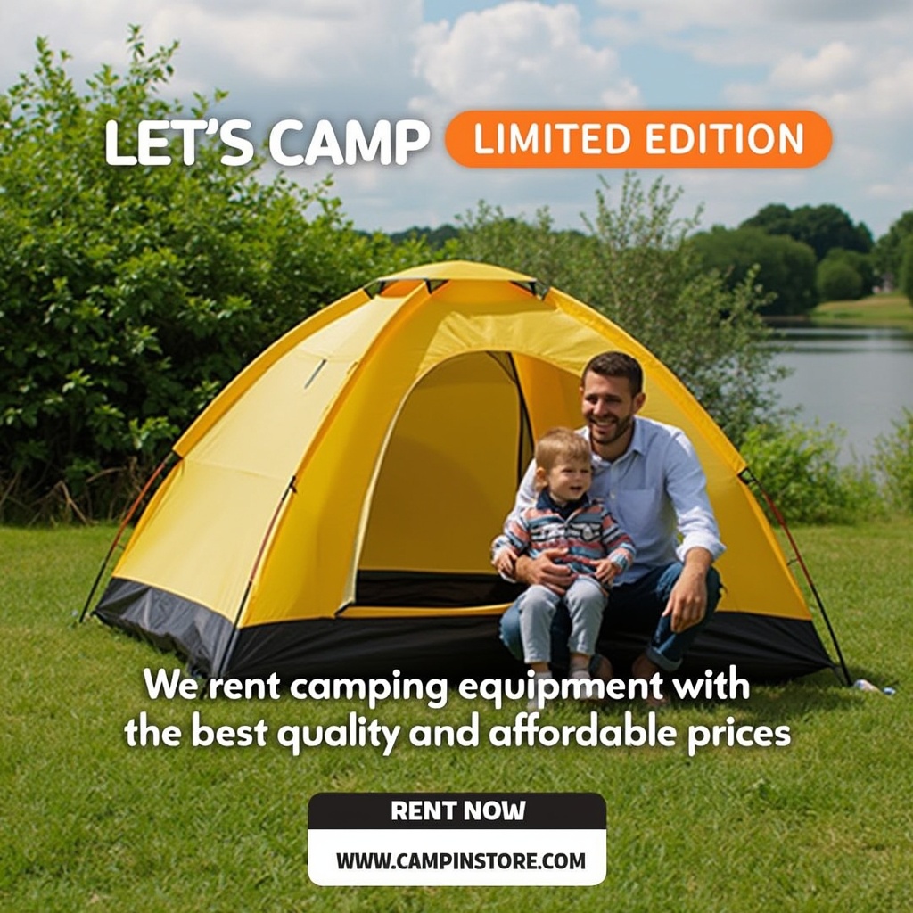 AI generated image by FLUX.1-pro: A promotional advertisement featuring a man and a child sittingin front of a yellow and black dome tent. The backgroundshows a grassy area with green bushes and trees, and a bodyof water is visible to the right. The sky is partly cloudy. Text atthe bottom of the image reads 'LET'S CAMP' in white,'LIMITED EDITION' in orange, and 'We rent campingequipment with the best quality and affordable prices' in white.There is also a 'RENT NOW' button in black and white at thebottom left corner and 'WWW.CAMPINGSTORE.COM' in blackat the bottom right corner.