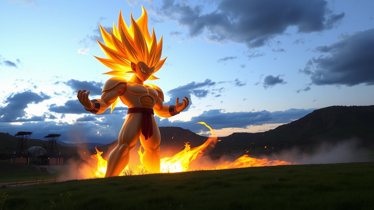 AI generated image by FLUX.1-schnell: crea un samurái transformado en super saiyajin fase 4 mirando el atardecer en Venezuela, se que vea el samurái