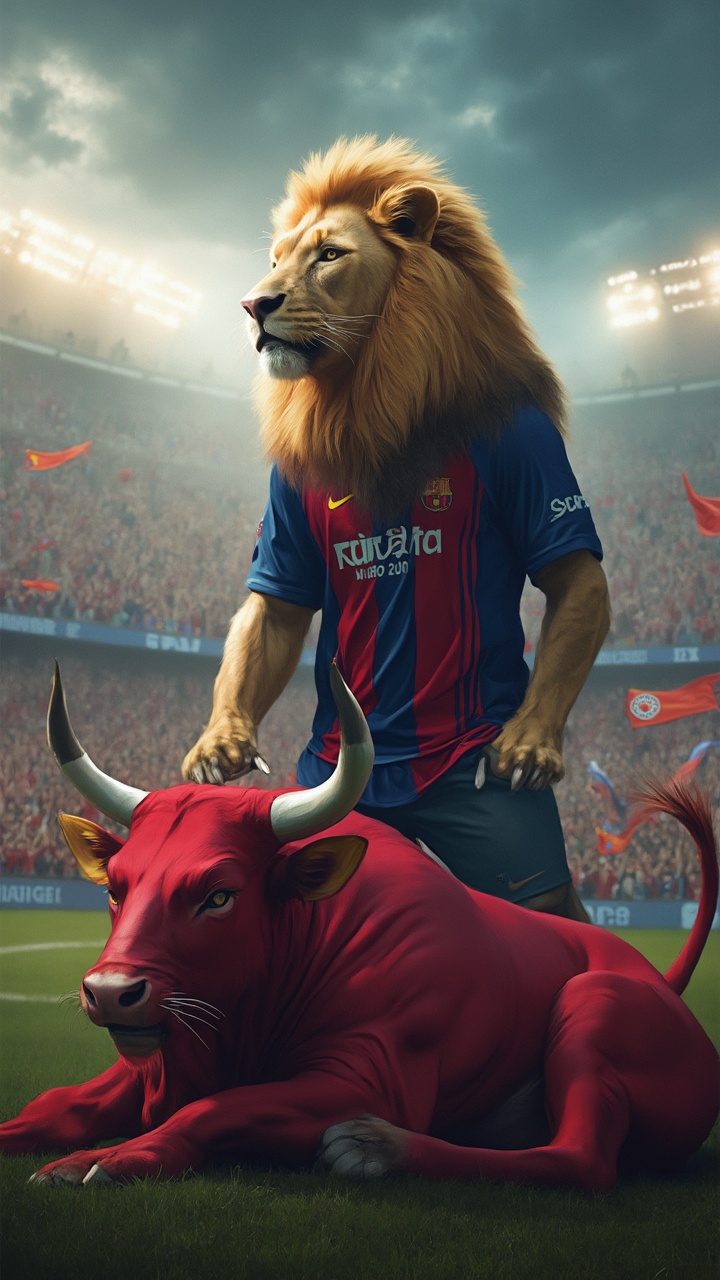 AI generated image by FLUX-Realism-Lora: A powerful scene of triumph with a fierce lion, dressed in Barcelona’s blue and red striped jersey, standing dominantly over a fallen red bull in Bayern Munich's red kit. The lion’s mane flows proudly as it gazes out with a victorious expression, one paw firmly placed on the bull’s back. The red bull lies beneath, defeated but still muscular, with its horns angled low, symbolizing its loss. Around them, the stadium is filled with roaring fans waving Barcelona flags, while flashes of camera lights capture the moment. The background features stormy clouds parting slightly to cast a spotlight on the lion, highlighting its strength, pride, and the thrill of victory in this epic animal fusion battle."