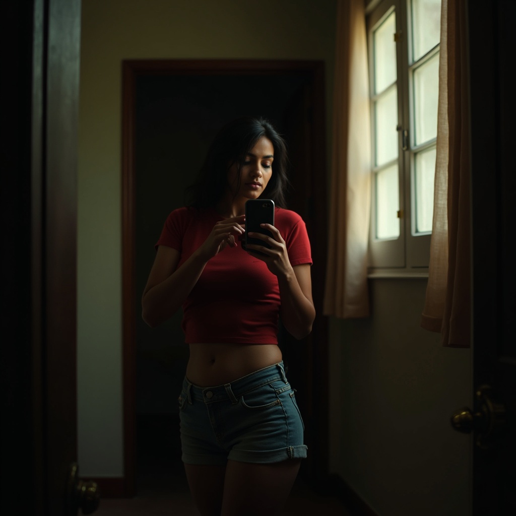 AI generated image by FLUX.1: A young Indian woman in her 20s curvy build, takes a mirror selfie in a fully lit room, her face shrouded in shadows, with only a hint of her features visible. She wears a pair of low-waisted denim shorts and a cropped red shirt, accentuating her waistline. Inspired by the works of Gregory Crewdson, Nadav Kander, and Loretta Lux, with their expertise in cinematic lighting and atmospheric tension. Shot on 35mm film, with a vintage aesthetic, employing a V-Raptor XL camera, and incorporating a subtle film grain, vignette, and meticulous color grading, post-processing techniques to evoke a sense of depth and drama. The image is a masterful blend of realism and cinematic flair, exuding an epic, stunning, and dramatic quality, reminiscent of a live-action film still.