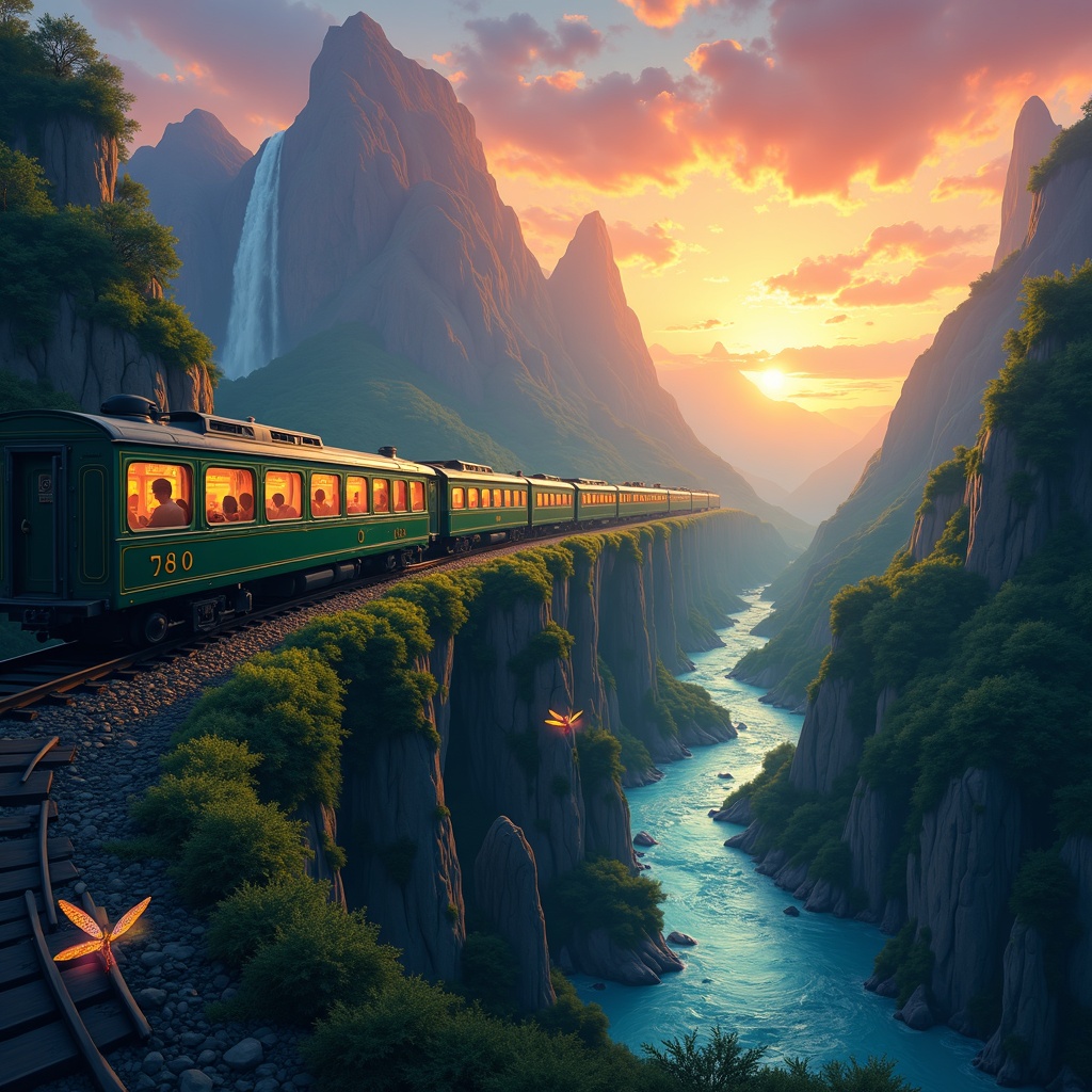 AI generated image by FLUX.1: A Majestic Train Journey Through a Fantasy Landscape
"Illustrate a classic green train winding through a breathtaking fantasy valley during sunset. The train is moving along a track perched above a sparkling river that flows through the lush valley below. The windows of the train glow warmly, and passengers look out in awe at the scenic surroundings. The distant mountains are jagged and dramatic, with waterfalls cascading down their slopes. The sky is a vibrant mix of orange, pink, and purple hues, with hints of golden sunlight breaking through the clouds. Small magical creatures, like glowing dragonflies and colorful birds, add a touch of fantasy. The scene should exude adventure, beauty, and a sense of escape."