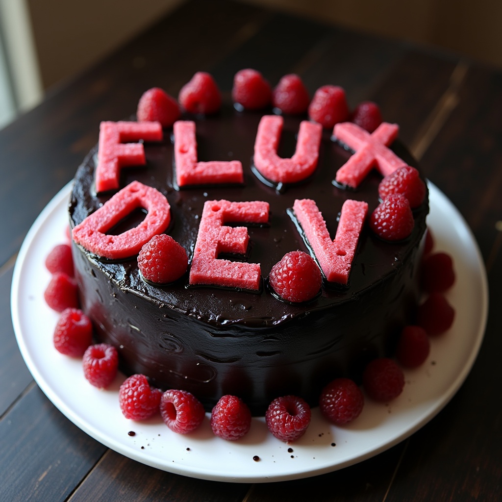 AI generated image by FLUX.1: black forest gateau cake spelling out the words "FLUX DEV", tasty, food photography, dynamic shot