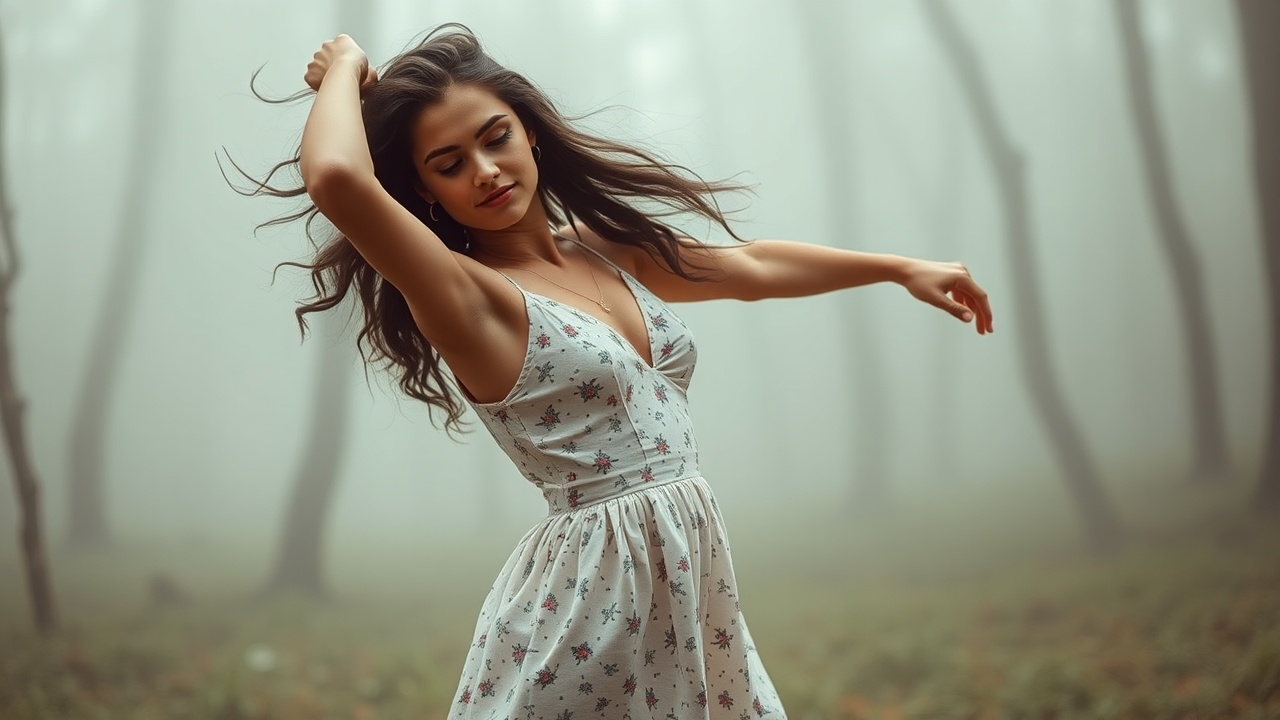 AI generated image by FLUX.1-schnell: A beautiful brunette girl dancing in a misty forest