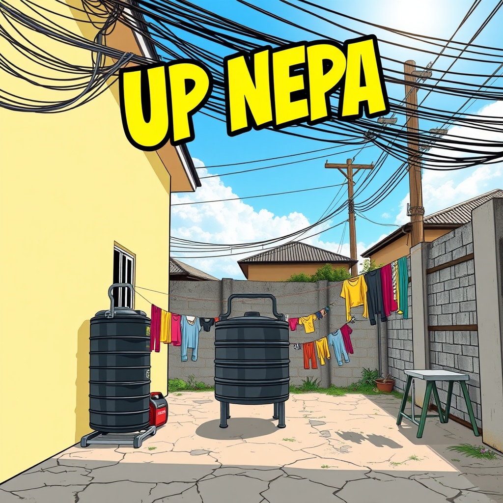 AI generated image by FLUX.1-schnell: {
"prompt": "Digital comic illustration for a profile picture. A bright, sunlit Nigerian middle-class compound yard. Partial view of a faded cream bungalow and a two-story block flat. A prominent black plastic water tank (GP tank) on a metal stand. Colourful clothes hang on a washing line strung across the yard. A small red 'I pass my neighbour' generator sits near a wall. Above the back compound wall, a dense tangle of black electrical wires crisscrosses against a bright blue sky, leading to a wooden NEPA pole visible just outside. Cracked concrete ground. The title 'UP NEPA' is overlaid in a bold, slightly uneven, bright yellow comic font at the top center. Clean lines, vibrant colours, friendly comic style.",
"negative_prompt": "photorealistic, photograph, 3D render, blurry, low quality, messy, overly complex, slums, poverty, fancy mansion, minimalist",
"style_raw": "clean comic art",
"aspect_ratio": "1:1"
}